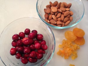 fresh cranberries, almonds, and apricots